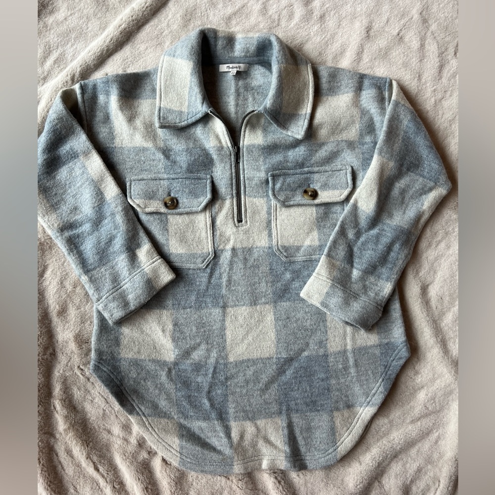 Madewell Light Blue Buffalo Check merino wool sweater 1/4 Zip Pullover